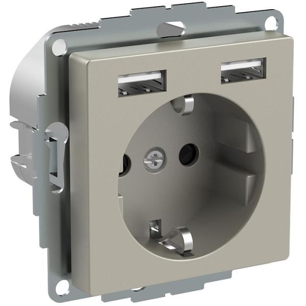 Schneider Electric Exxact WDE004179 Vekkuttak jordet, 2-veis, med USB, metallic