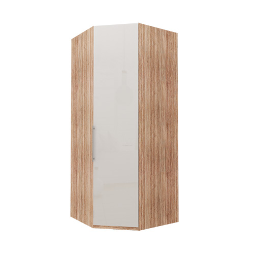 Hjørne Atlanta garderobe 236 cm, Hvitt glass, Lys rustikk eik