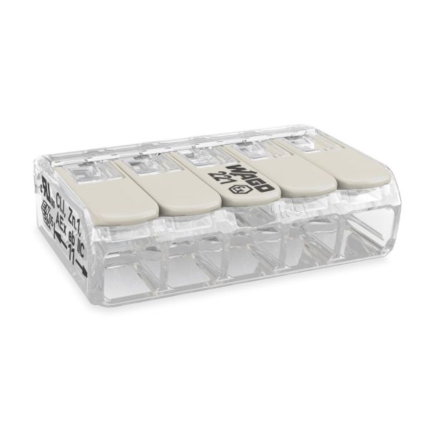 Wago 221-485 Koblingsklemme transparent, med låsespak 5 klemposisjoner, 25-pakning
