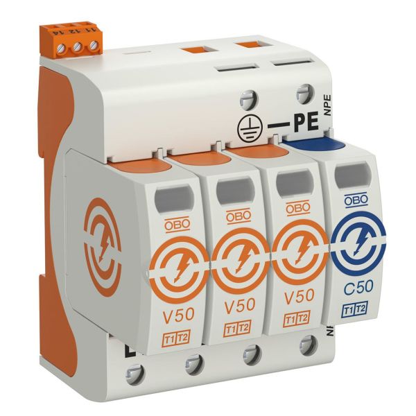 Obo Bettermann 5093533 Overspenningsvern for anlegg med askebeskyttelse Type: V50-3+NPE+FS-280, med fjern, 4 poler