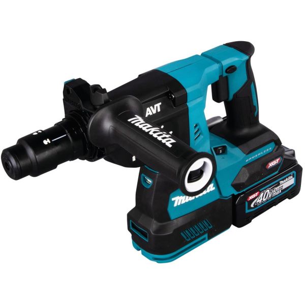 Makita HR004GM201 XGT Kombihammer med 40 V 4,0 Ah-batterier, lader og koffert.