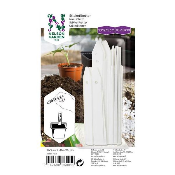 Nelson Garden 6005 Klebeetikett plast, 3 størrelser, hvit, 3x 10 stk.