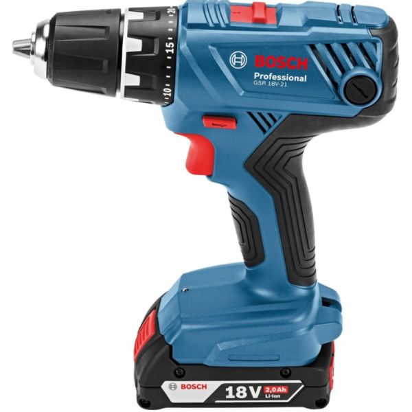 Bosch GSR 18V-21 Skrutrekker med 2,0Ah-batterier og lader
