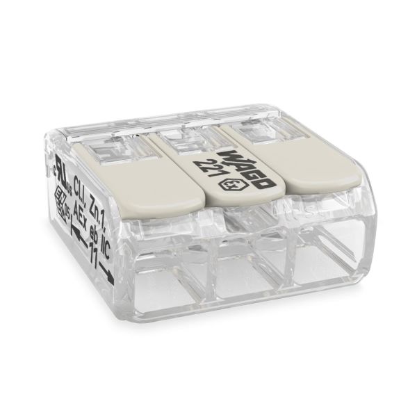 Wago 221-483 Koblingsklemme transparent, med låsespak 3 klemposisjoner, 50-pakning