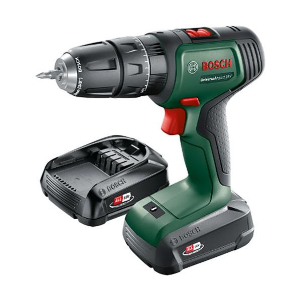 Bosch DIY Universal Impact 18 + SystemBox Slagbore/skrutrekker med tilbehørssett, batterier & ladere