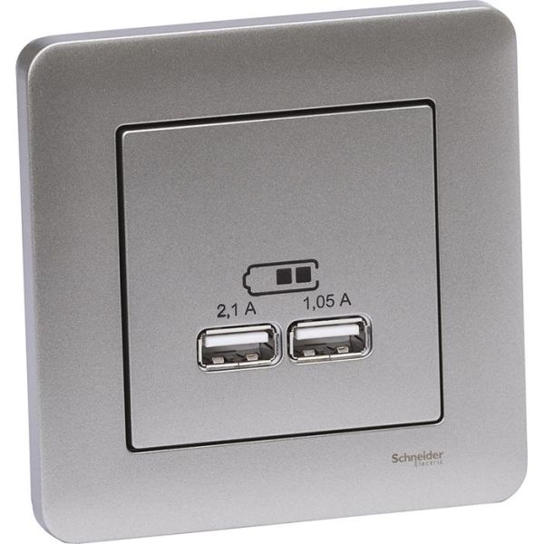 Schneider Electric Exxact Ladestasjon innfelt, 2 USB Metallic